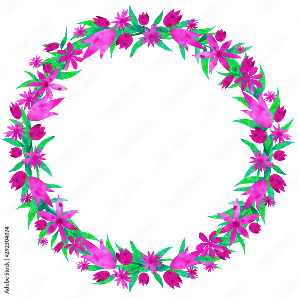 Round frame with pink flowers and green leaves. Hand-painted texture. Watercolor. Botanical composition. Round frame with pink flowers and green leaves. Hand-painted texture. Watercolor. Botanical composition.