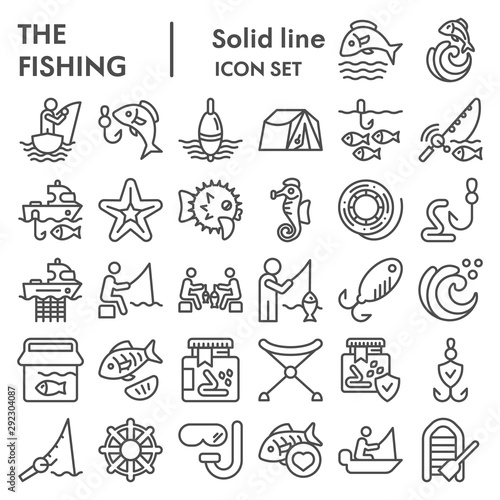 Fishing line icon set, fisherman equipment symbols collection, vector sketches, logo illustrations, fishing hobby signs linear pictograms package isolated on white background, eps 10.