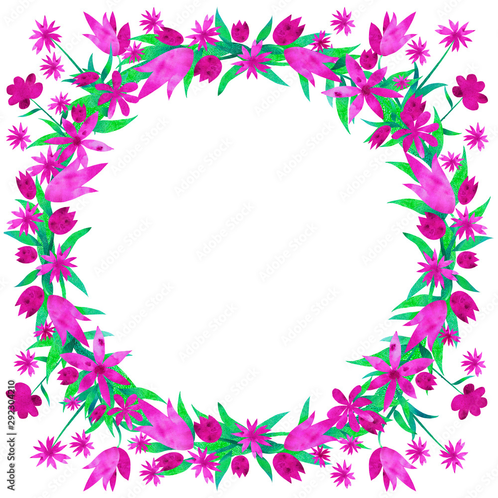 Round frame with pink flowers and leaves. Hand-painted texture. Watercolor. Botanical composition.