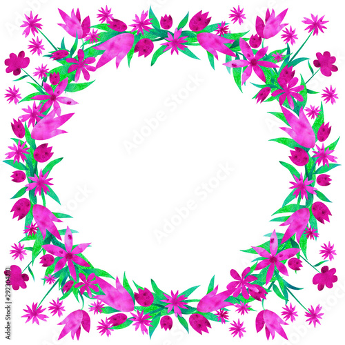 Round frame with pink flowers and leaves. Hand-painted texture. Watercolor. Botanical composition.