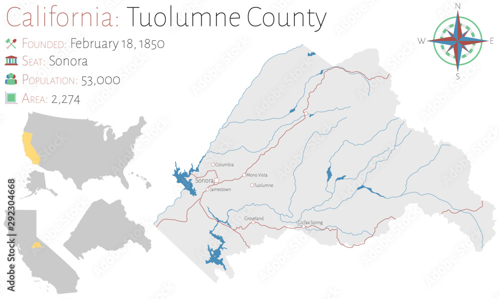 Large and detailed map of Tuolumne county in California, USA
