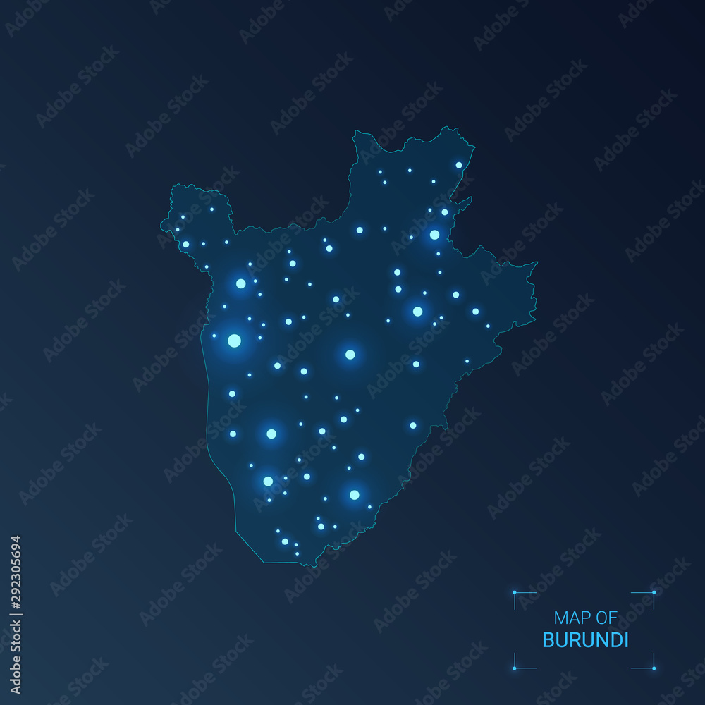 Burundi map with cities. Luminous dots - neon lights on dark background. Vector illustration.