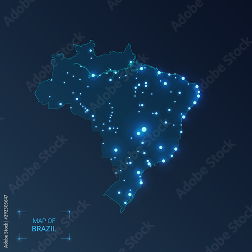 Brazil map with cities. Luminous dots - neon lights on dark background. Vector illustration.