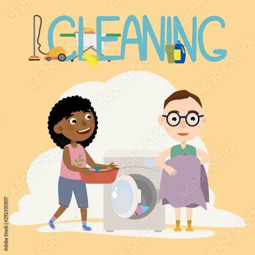 Cute black girls and boys doing housework. A family washes clothes in a new washing machine. Cleaning. Flat cartoon vector