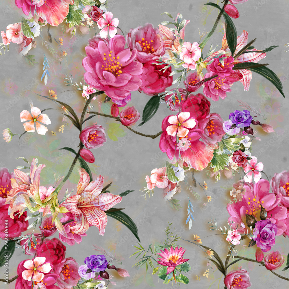 Watercolor painting of leaf and flowers, seamless pattern on gray background Watercolor painting of leaf and flowers, seamless pattern on gray background