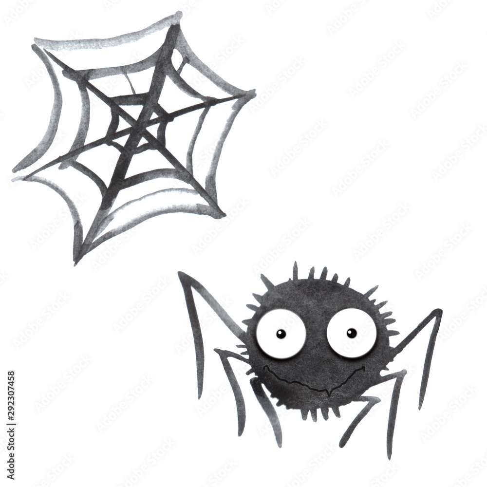 Watercolor Illustration of a spider and a web. Cute spider. Hand drawn. Isolated on white background. Halloween illustration