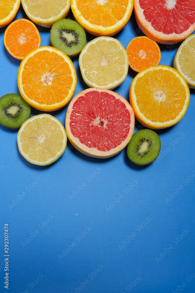 Fresh summer fruits on blue background. Fresh summer fruits on blue background.