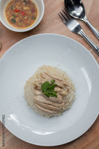 Chicken Steamed with rice, Thai name is Khao Mun Gai.