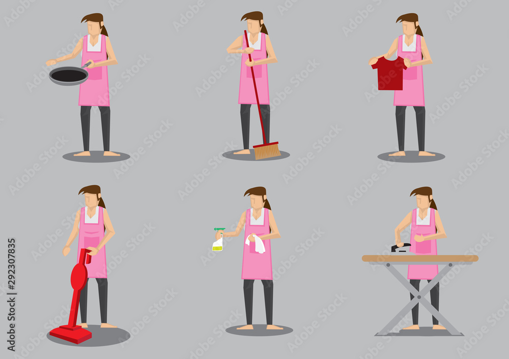 Housewife Doing Household Chores Vector Character Illustration Housewife Doing Household Chores Vector Character Illustration