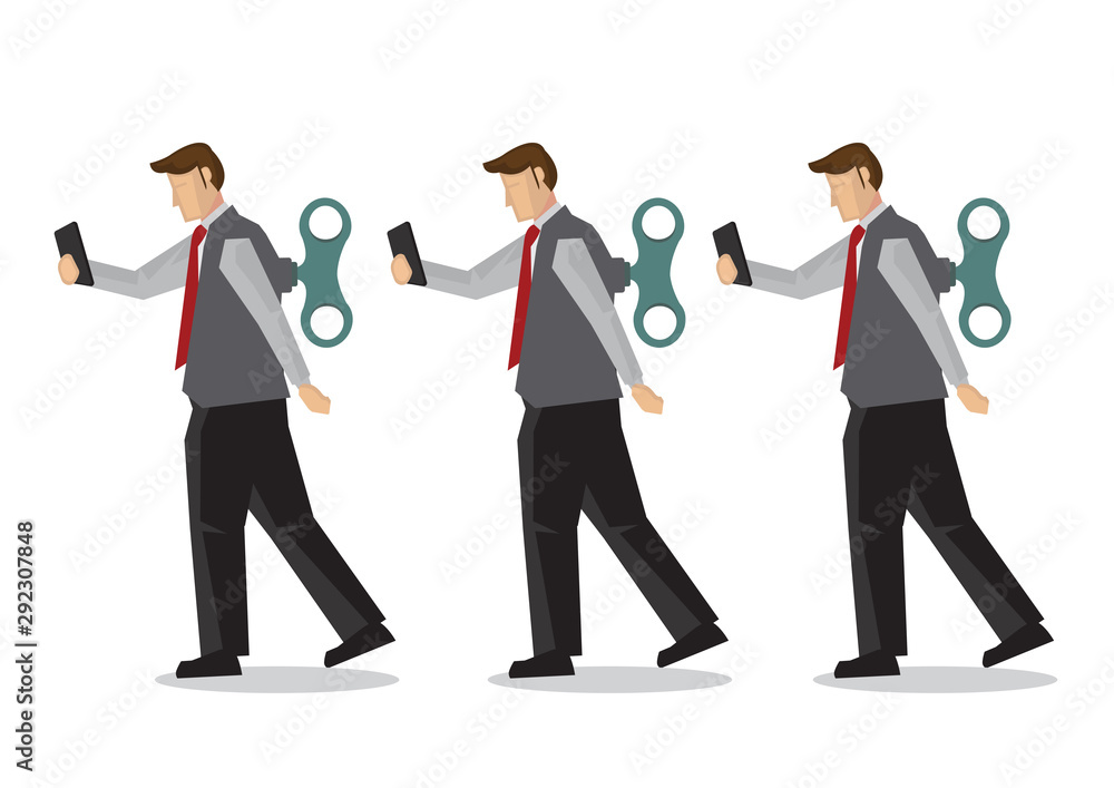 Businessmen with winder in their back. Concept of technology addiction, bad habit or robot employee. Businessmen with winder in their back. Concept of technology addiction, bad habit or robot employee.
