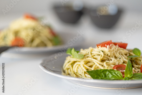 spaghetti with vegetables and pesto