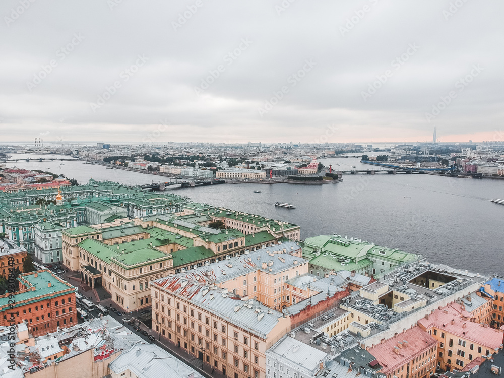 Aerial photography of the Moika river, city center, historical residential development, St. Petersburg, Russia.