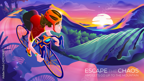An illustration of the cyclist theme featuring the woman is riding a bike on the mountain, enjoying the sunrise in the morning with beautiful mountain scenery.