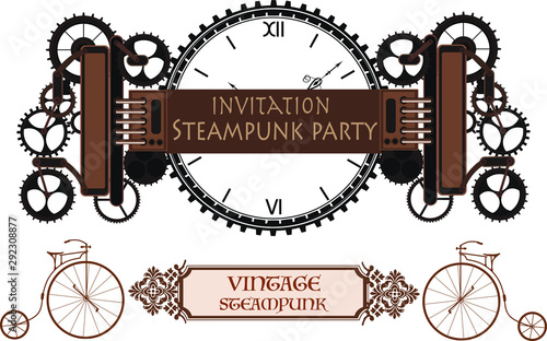 Steampunk frame background, vintage mechanical clock with cogs, gears menu invitation