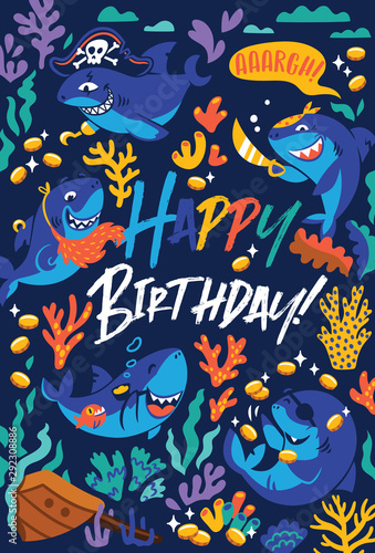 Happy Birthday greeting card with cartoon sharks pirate in comic style