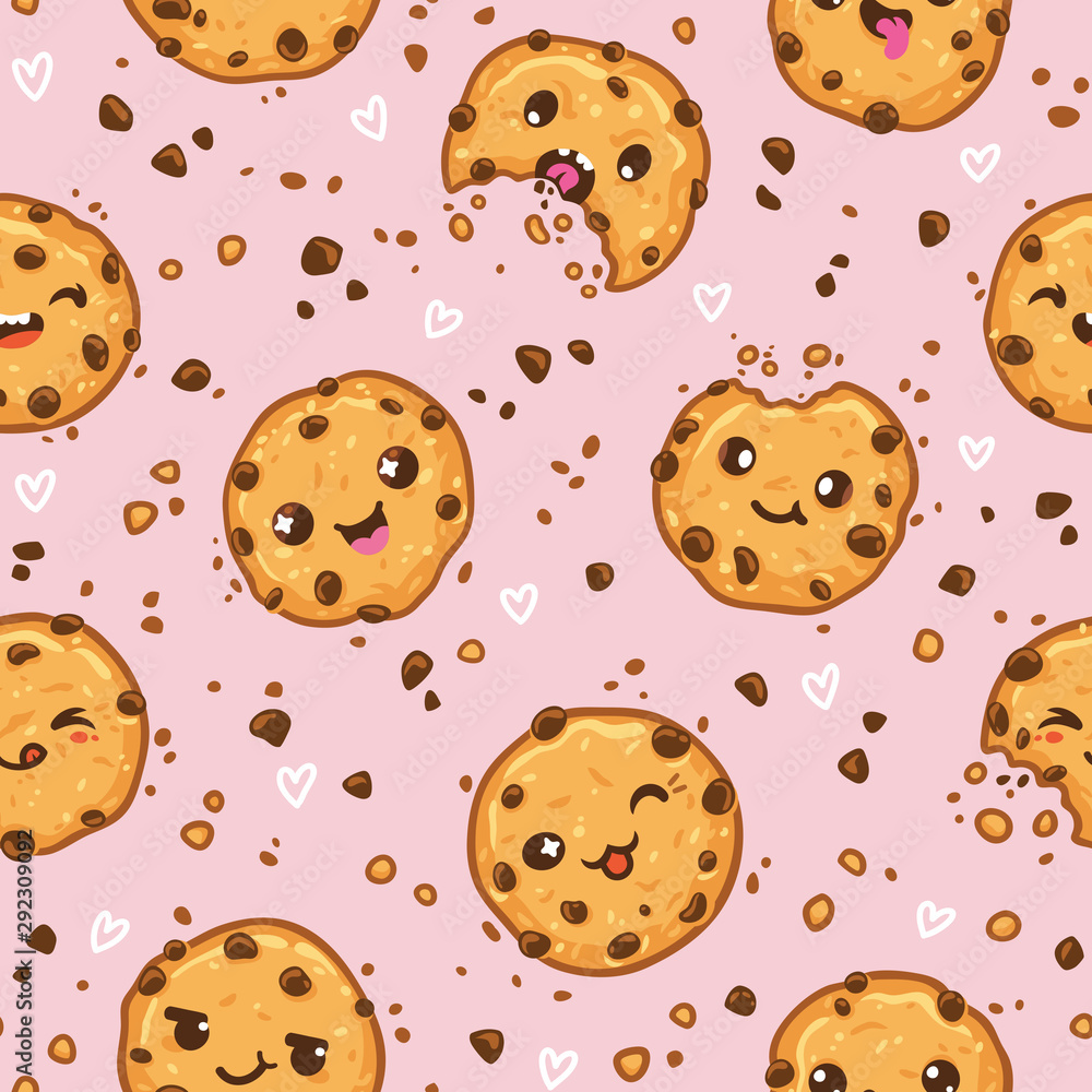 Cookies kawaii characters seamless pattern. Vector illustration Stock