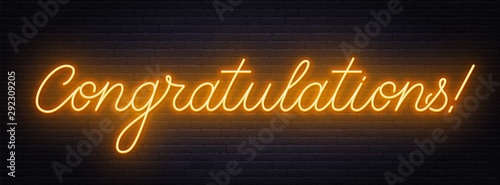 Neon lettering congratulations on brick wall background. Vector illustration.