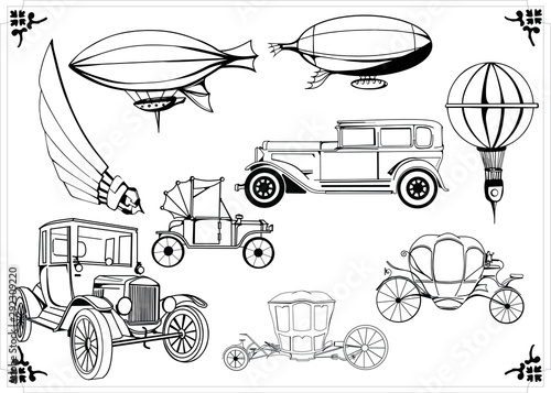 Set of vintage steampunk cars  coach  brougham  bicycle  doodle airship  wing  frame menu.