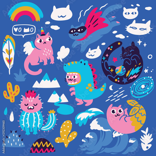 Set with different hand drawn kawaii cats, mermaid, unicorn, dinosaur and super hero. Vector illustration