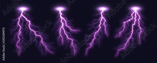 Lightning bolt collection isolated on transparent background. Realistic thunderbolt set. Lighting effect vector illustration.