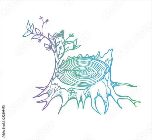 Color pattern of stump drawing with new leaves. Old tree pattern