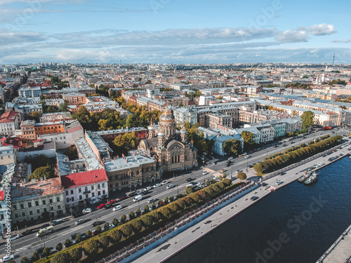Aerial photography Neva river embankment, historical city center, St. Petersburg, Russia.