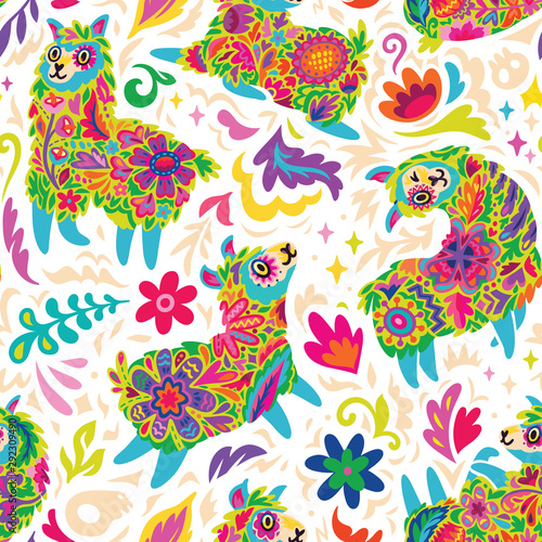 Mexican Day of the dead or Halloween seamless pattern with alpacas and colorful decorative flowers
