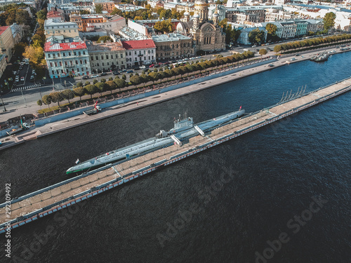 Aerial photography submarine Museum, city center, Neva river, St. Petersburg, Russia.