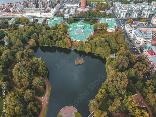 Aerial photography of a Park with a lake and a Palace on the shore, St. Petersburg, Russia.