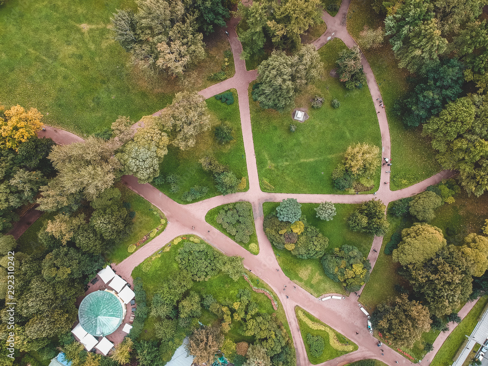 Aerial bird's eye view photo of park taken by drone, Flatley, St. Petersburg, Russia.