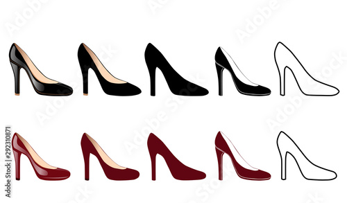 Symbol silhouette shoes for woman, black and red colors, isolated on white background