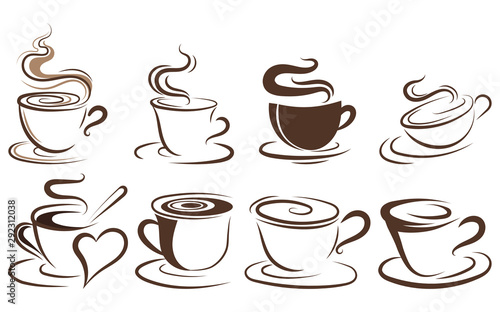 Set of cups of coffee. Collection of stylized coffee cups. Vector illustration of hot drinks. Logos for coffee shops.
