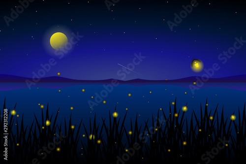 firefly at sea with starry night and colorful sky landscape	