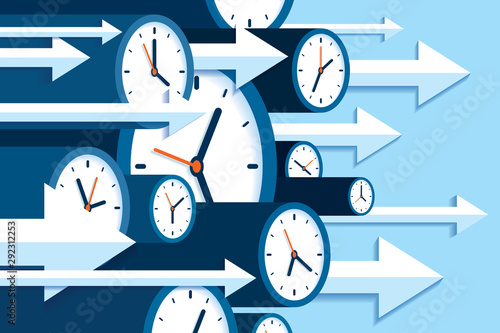 Time forward. 3d Clock icons in flat style, right arrows, timers on blue background. Time management. More watch and pointers. Business vector illustration for you presentation