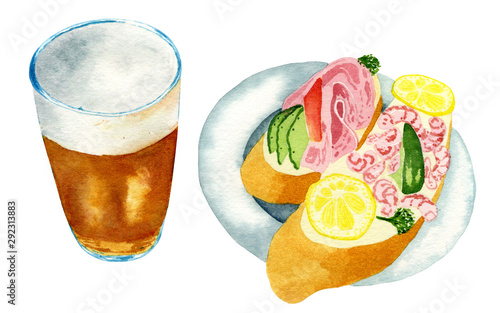 Hand drawn watercolor illustration of tasty appetizer on plate, slice of bread with bacon, cucumber, tomato, lemon, green pepper, shrimps, prawn. Glass of beer. Oktoberfest. Typical Czech sandwiches. photo