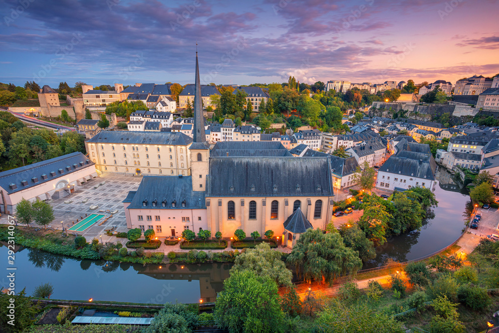 Luxembourg City, Luxembourg. Aerial cityscape image of old town Luxembourg City skyline during beautiful sunset.