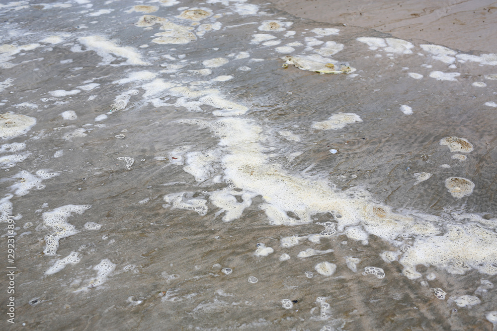 Sea wave with a dirty foam on sand beach. Sea wave with a dirty foam on sand beach.