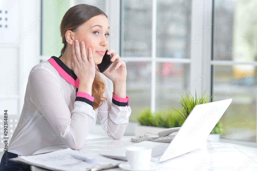 Portrait of young beautiful woman working with laptop in modern office Portrait of young beautiful woman working with laptop in modern office