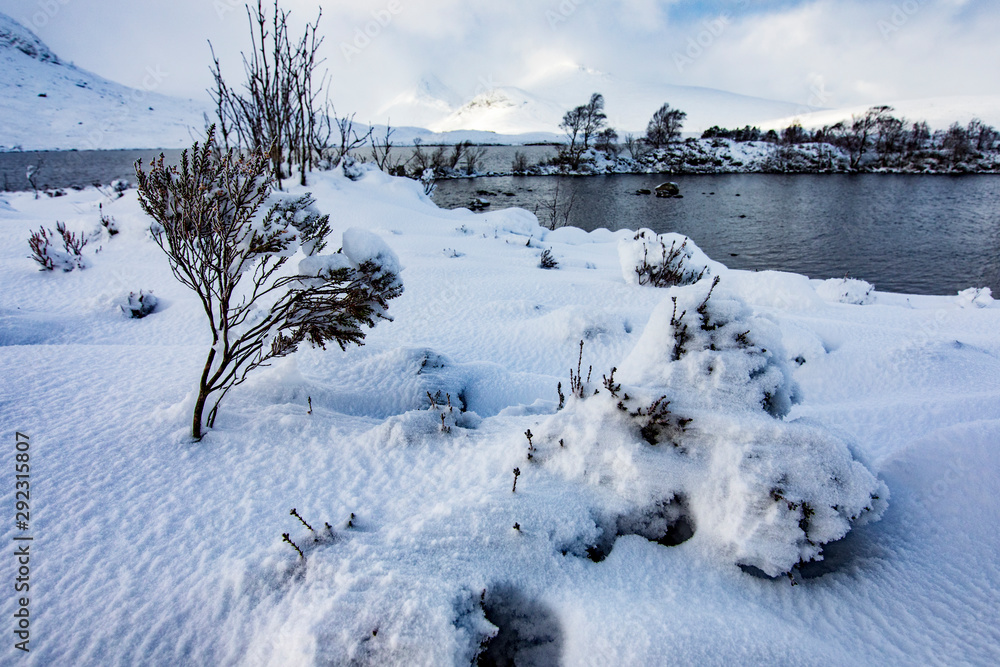 Scottish, Highland, Rannoch Moor, bright snow frozen river, winter day, sunshine, blue sky beautiful clouds