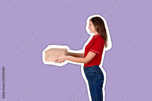 Pretty delivery girl is giving a cardboard box to a customer Magazine collage style with trendy color background