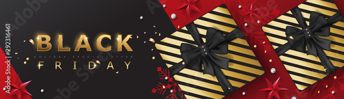 Black friday sale banner template with Christmas decorative elements present box.background. Vector illustration