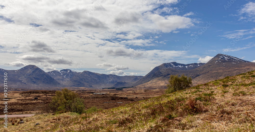 Scottish Highland, Rannoch Moor, bright summer sunshine blue sky and beautiful clouds