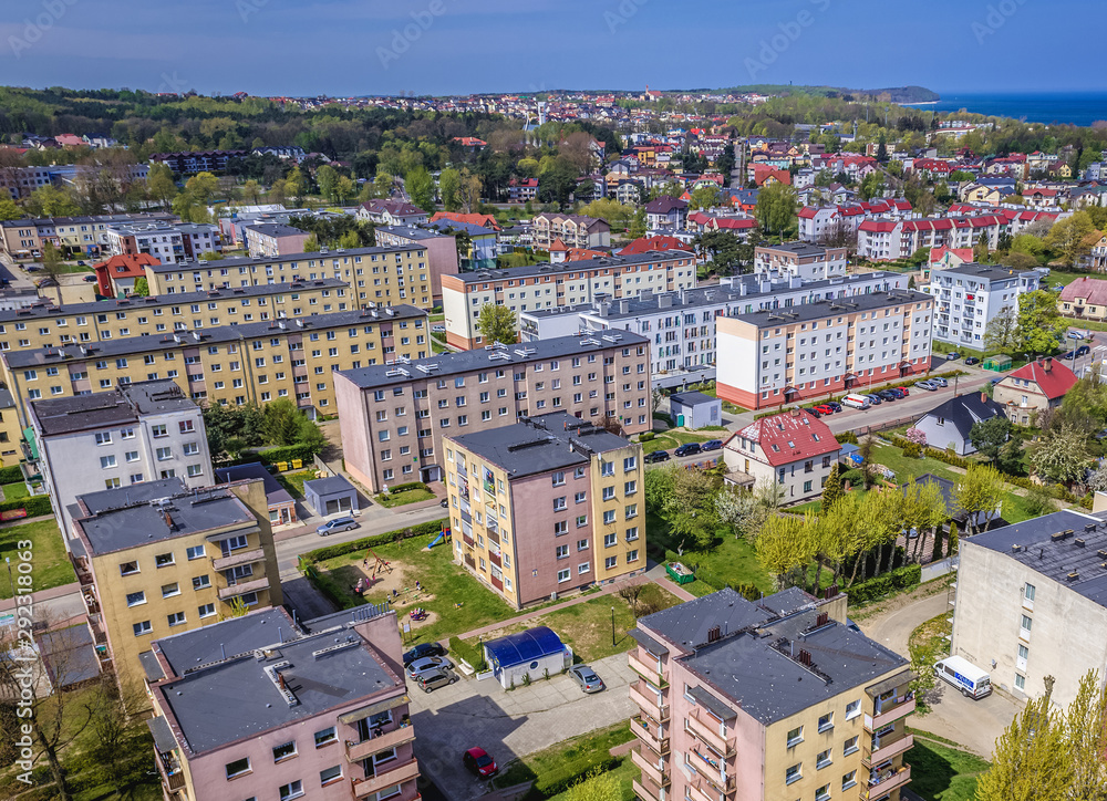 Aerial view of Wladyslawowo town over Baltic Sea, Poland