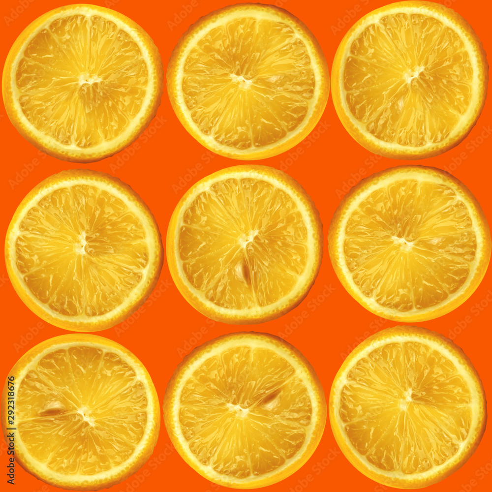 collage of many photos yellow circle of a lemon with a seed on an orange background, close-up, copy space, seamless texture for wallpaper, for a designer