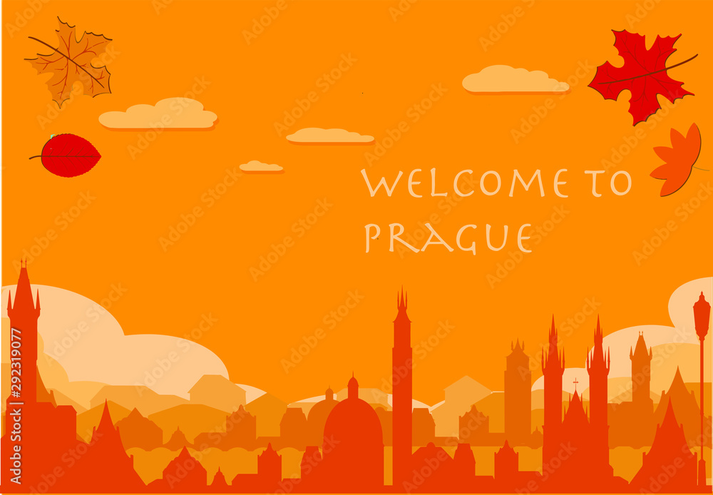 Prague silhouette, autumn leaves vector skyline illustration, clouds, yellow collage icon, orange city panorama