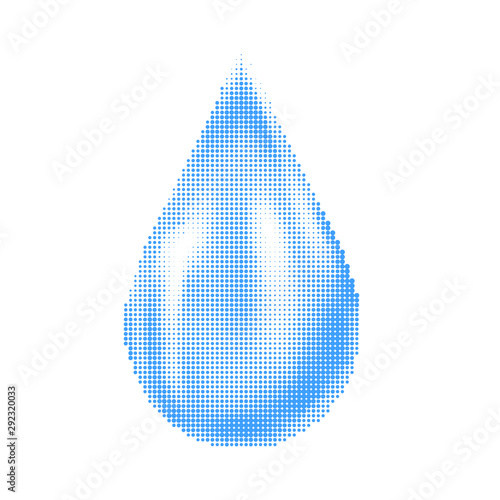 Blue Halftone Water Drop Icon on White Background. Natural Dotted Raindrop Design.