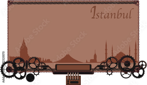 Istanbul vintage skyline frame, vector background cogs, gears, sign menu wheel, old retro, steampunk logo