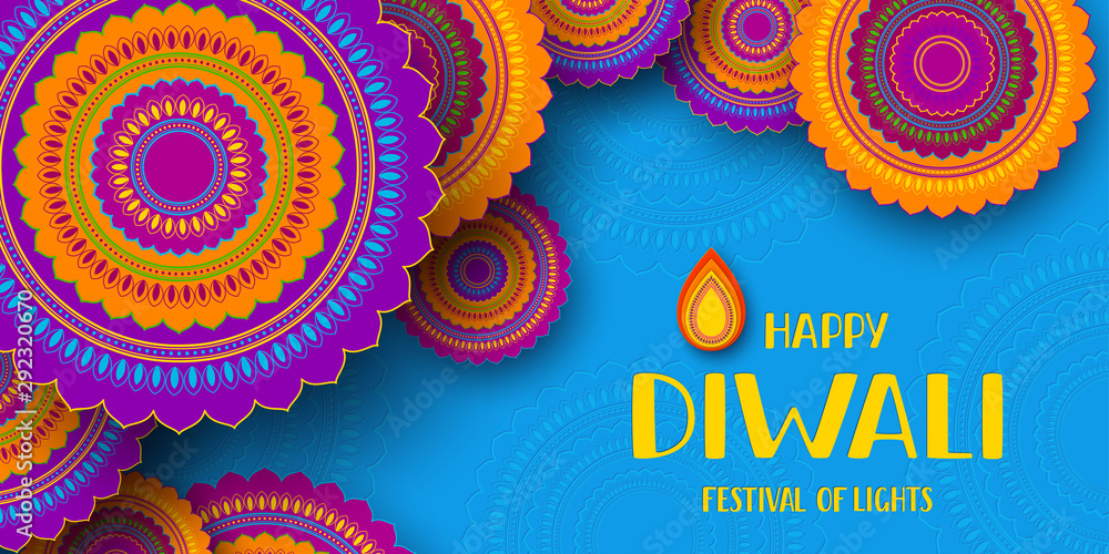 Diwali greeting banner with 3d paper cut Indian rangoli. Festival of lights  design. Blue bright colors. Hand written greeting text. Vector  illustration. Stock Vector