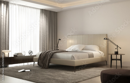 Contemporary luxury modern beige bedroom with stool and a carpet