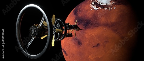 Fototapeta Naklejka Na Ścianę i Meble -  Space Station - Ship approaching Mars. Extremely detailed and realistic 3d illustration. Elements of this image are furnished by NASA